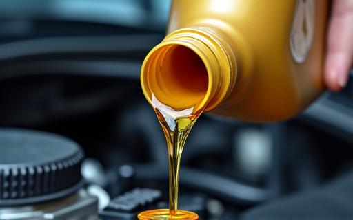 Frisches Motoröl wird in einen Automotor gefüllt